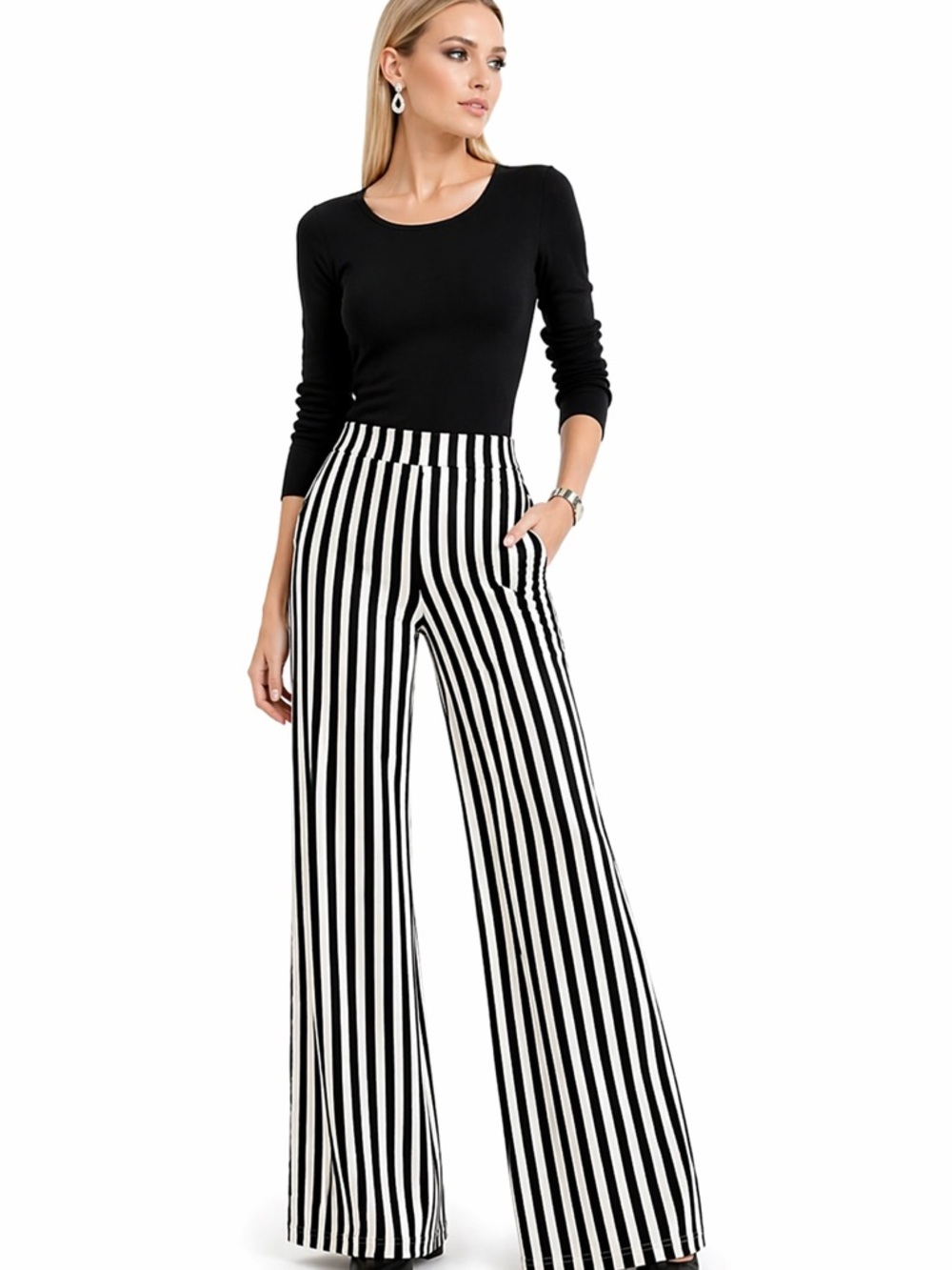 Shein Womens Wide Leg Pants White Black Vertical Stripe Back Zip Size Medium (6)